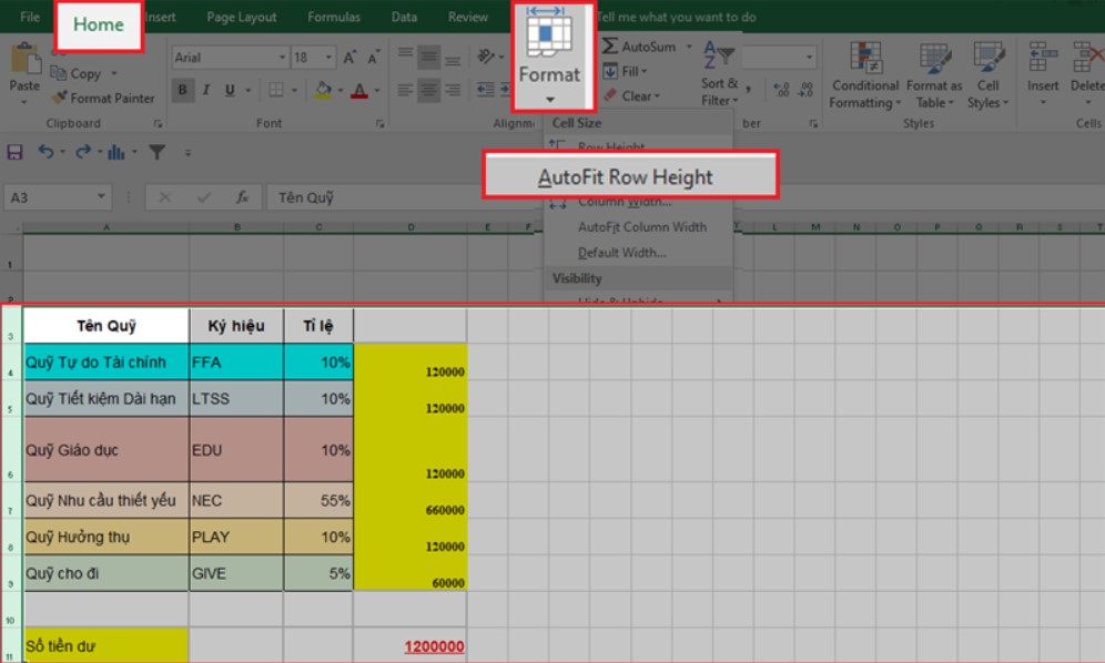 Hướng dẫn cách giãn dòng đều nhau trong Excel nhanh nhất 3