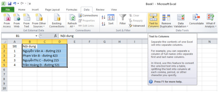 Cách chia cột trong Excel, cách tách 1 ô thành 2 ô trong Excel 3